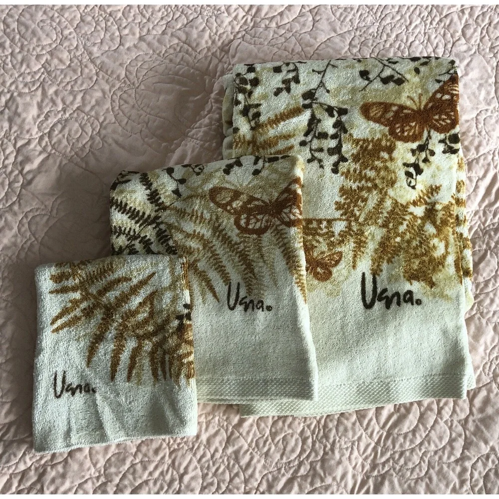 Vtg Vera Burlington Towel Set 3 Pcs Ivory Cotton Butterfly Floral Bath Hand Face